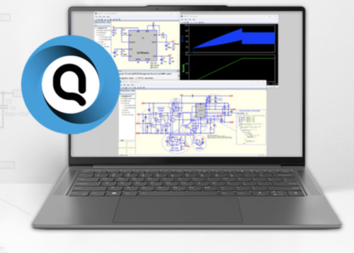 Laptop displaying electronic schematics and simulations with a software logo in the foreground.